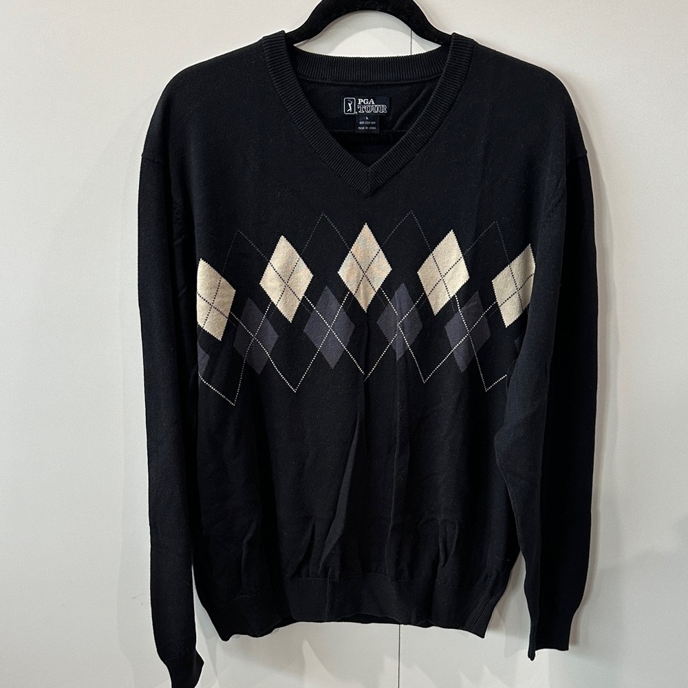 PGA Tour Black and Cream Argyle V-Neck Sweater